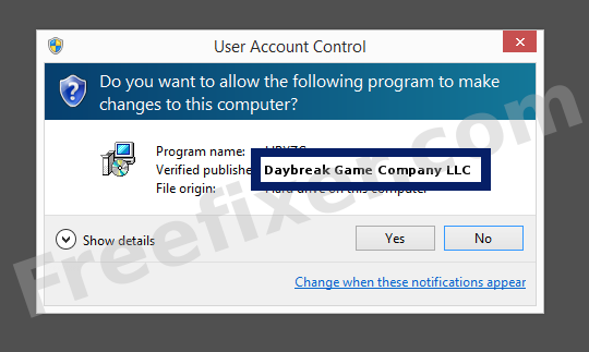 Screenshot where Daybreak Game Company LLC appears as the verified publisher in the UAC dialog